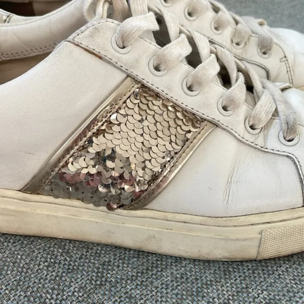 GC Tory Burch White Leather Sequins Detail Low Top Casual Lace Up Sneaker Sz 9